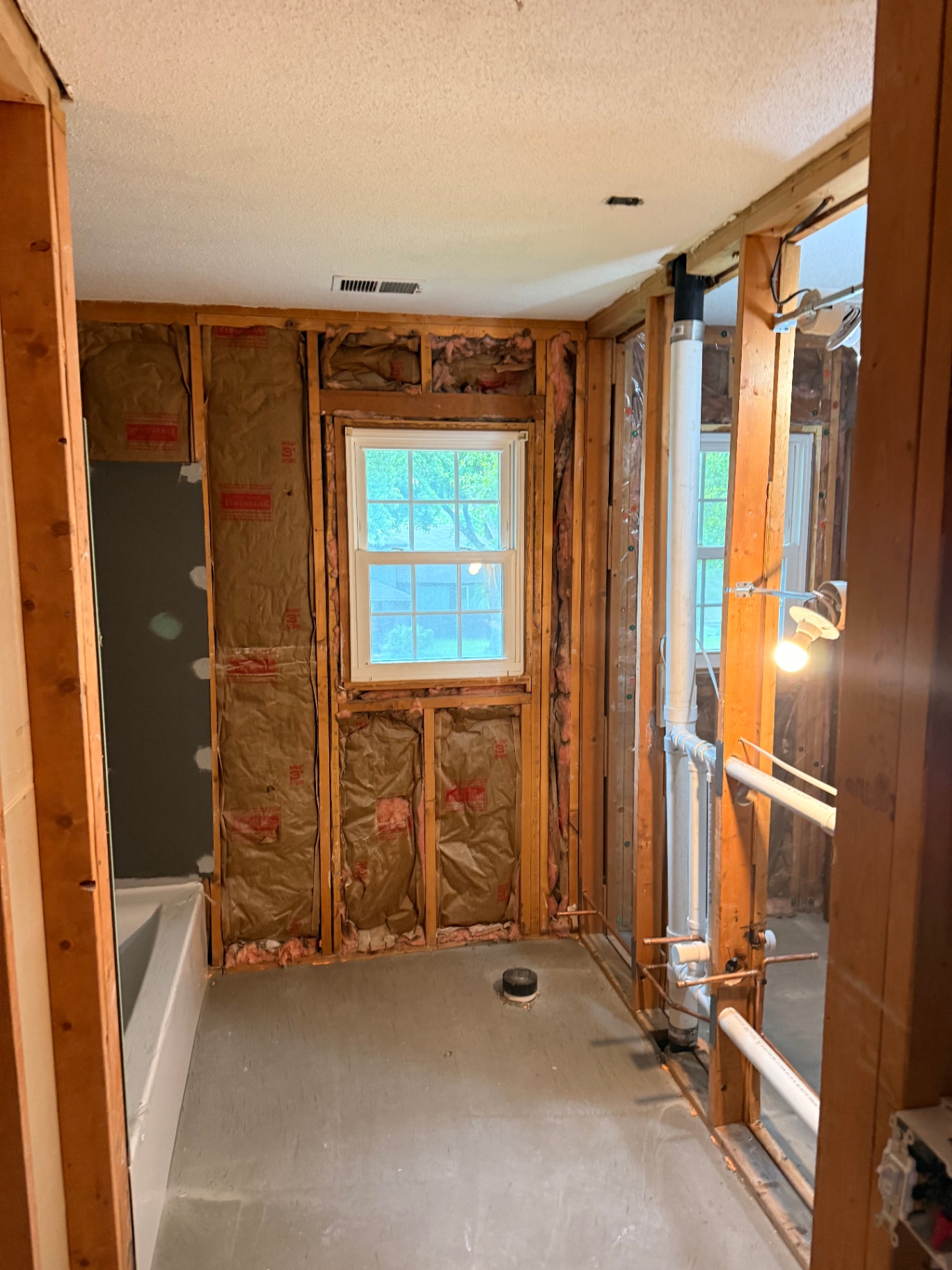 Bathroom opened to framing with plumbing exposed and the shower area prepped for new moisture-resistant wall systems