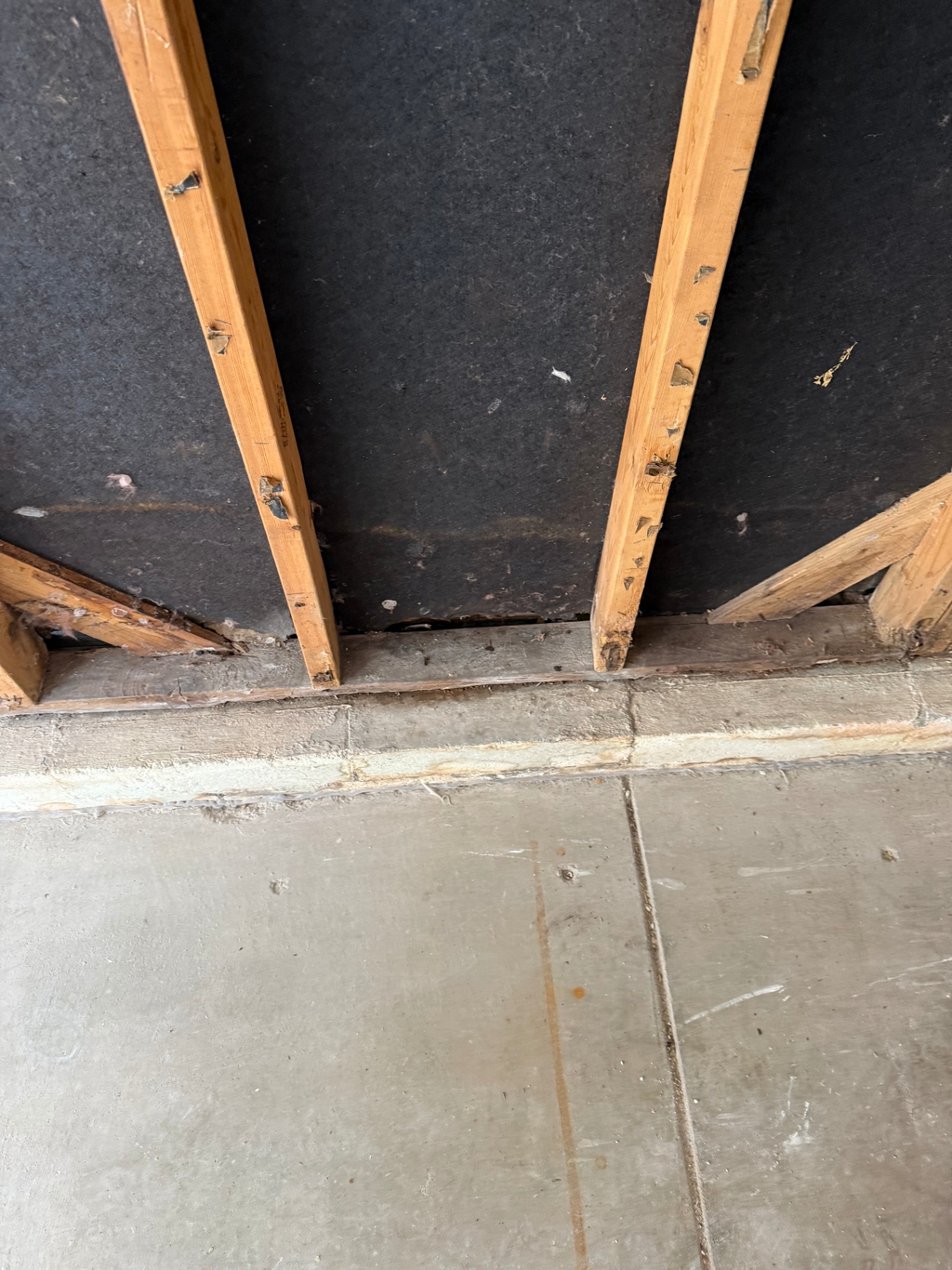 Tight inspection shot at the base of the wall showing separation and deterioration where the lower framing met the slab
